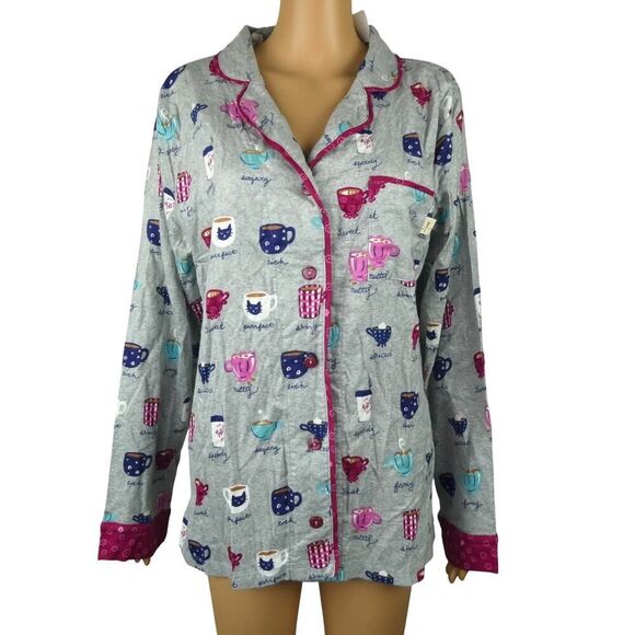 Munki Munki Long Sleeve Pajama Shirt Top Button Front Tea Coffee Mug NWT Medium - Picture 1 of 6